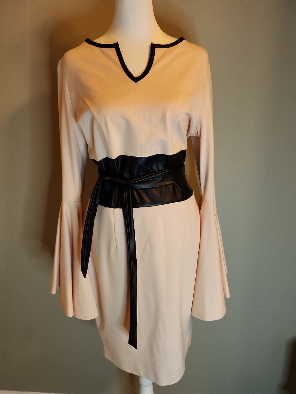 Venus Pink Exagerated Bell-Sleeve Dress with Vegan Leather Belt Size 10